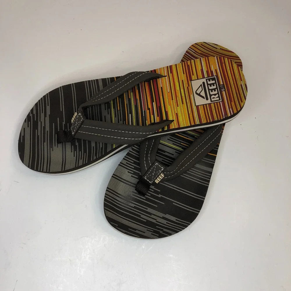 Reef Boys 6/7  Flip Flops Sandals Boys Little Ahi Stripe Yellow Red Orange Black